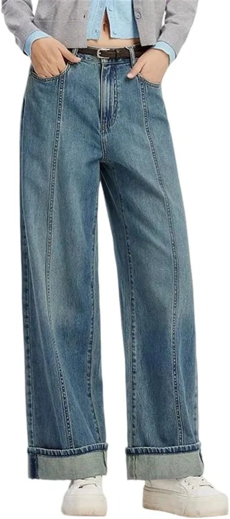 Джинсы свободные, Women Rolled Hem Long Jeans, желтый