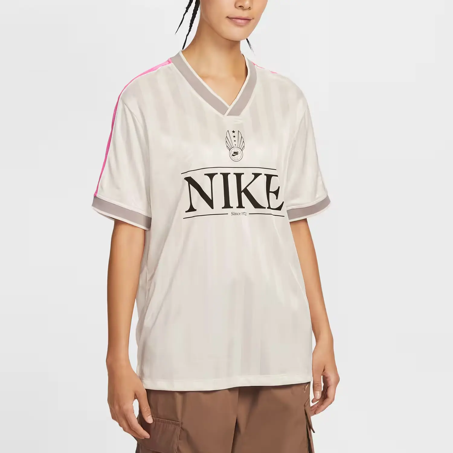 Женская футболка V-образным вырезом Nike, розовый/серый/черный — фото 3