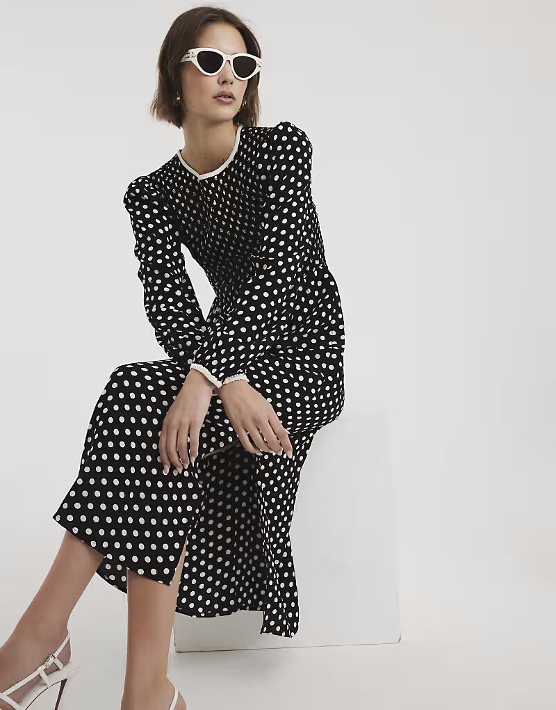 

Платье миди River Island с длинными рукавами и сборками в горошек черного цвета