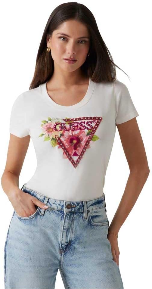

Женская футболка Guess Eco с коротким рукавом и треугольным декором из бусин, Cream White, Белый, Женская футболка Guess Eco с коротким рукавом и треугольным декором из бусин, Cream White
