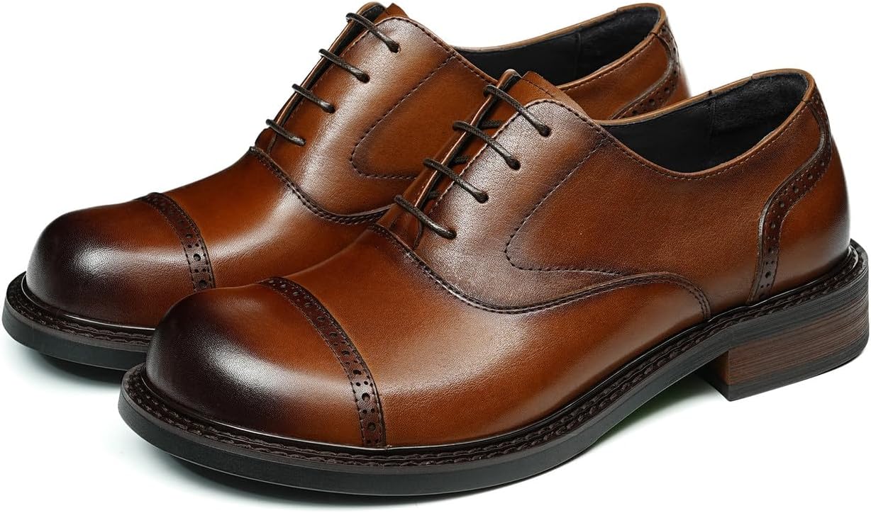 

Мужские оксфорды Santimon с закрытым мысом - формальные туфли из натуральной кожи с брогированием, шнуровкой, для бизнеса, свадьбы, церкви и выпускного, с амортизирующей стелькой и противоскользящей резиновой подошвой, коричневый