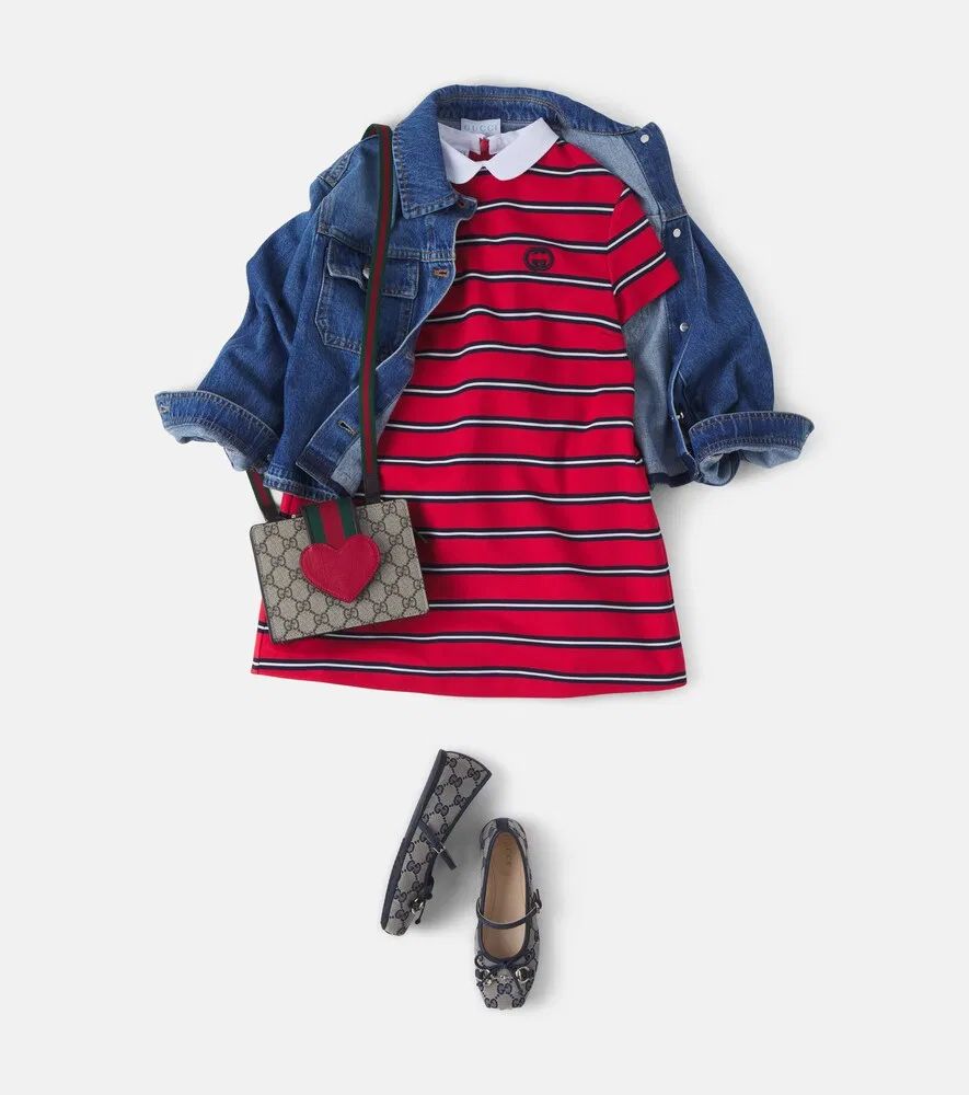 Платье-поло в полоску с переплетающимися буквами G Gucci Kids, красный — фото 2