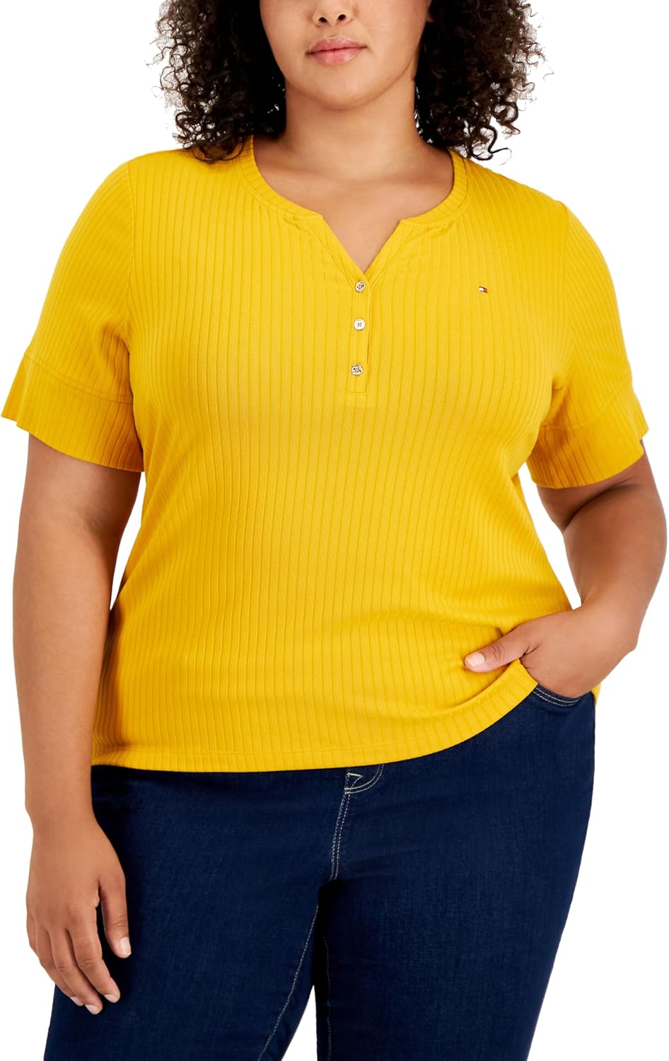 

Женская классическая ребристая кофта-хенли Tommy Hilfiger с рукавами 3/4, Sunflower