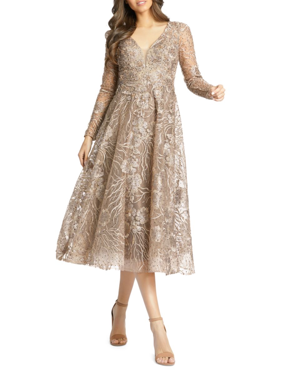 

Платье-клеш с декоративными вставками длиной до колена Mac Duggal, цвет Vintage Gold