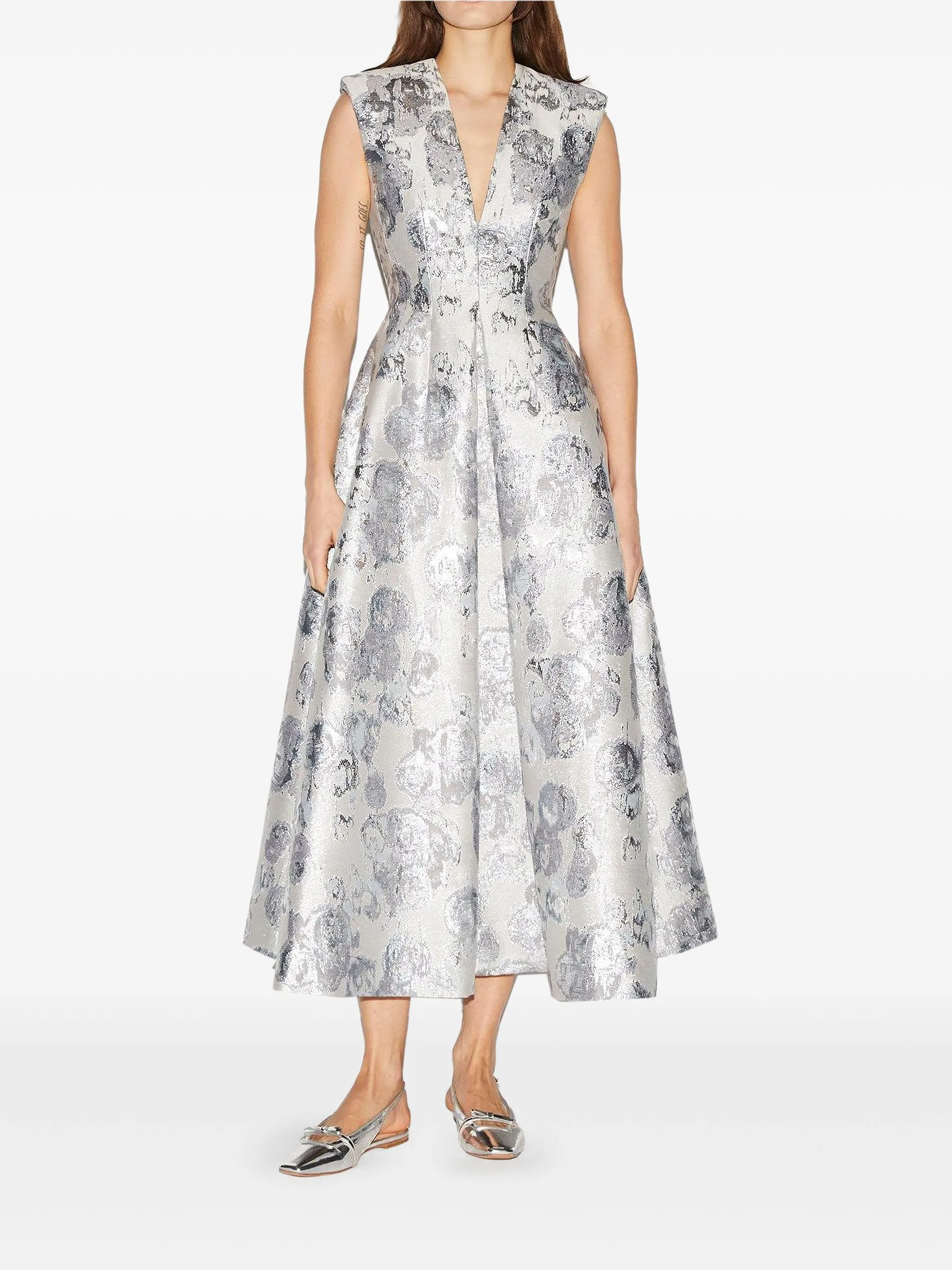 

Платье миди Kyle с цветочным принтом и складками Huishan Zhang, серебристый
