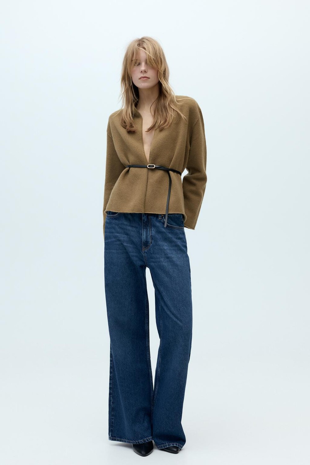 

Куртка из 100% шерсти с поясом ZARA, темно-оливковый