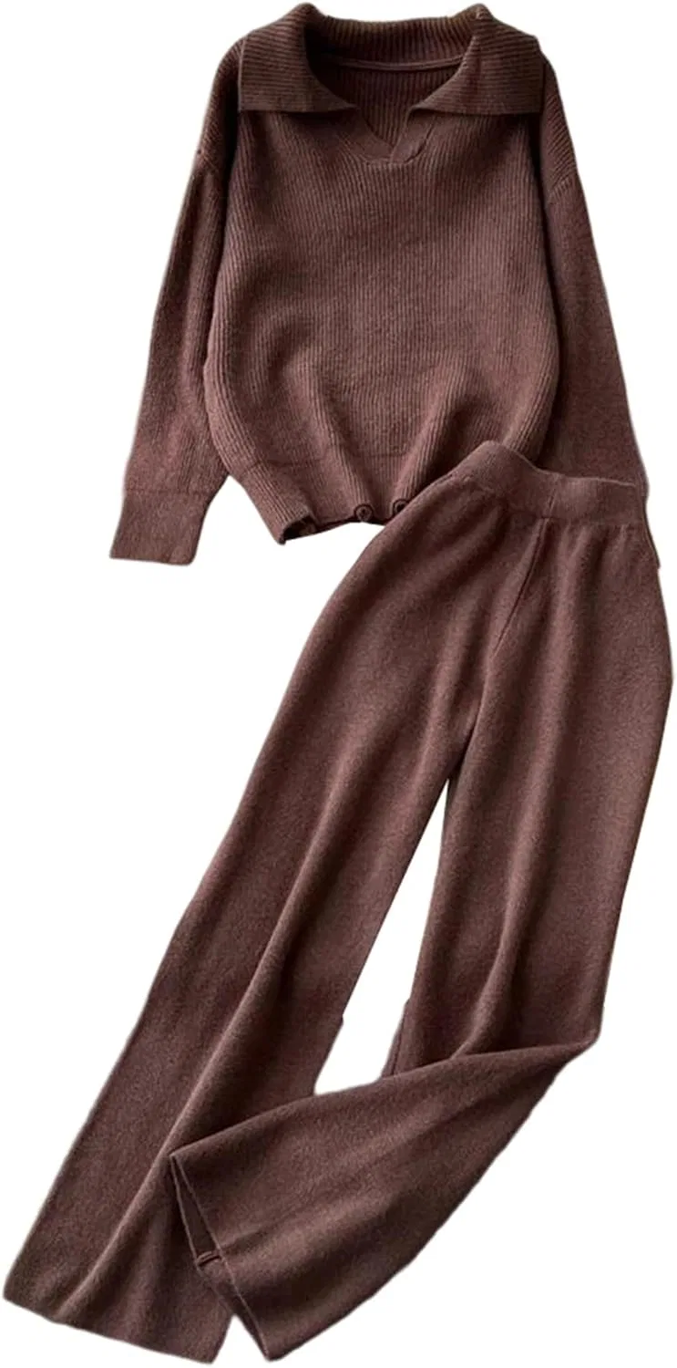 Женский спортивный костюм из свитера и широких брюк, Generic, Light Brown