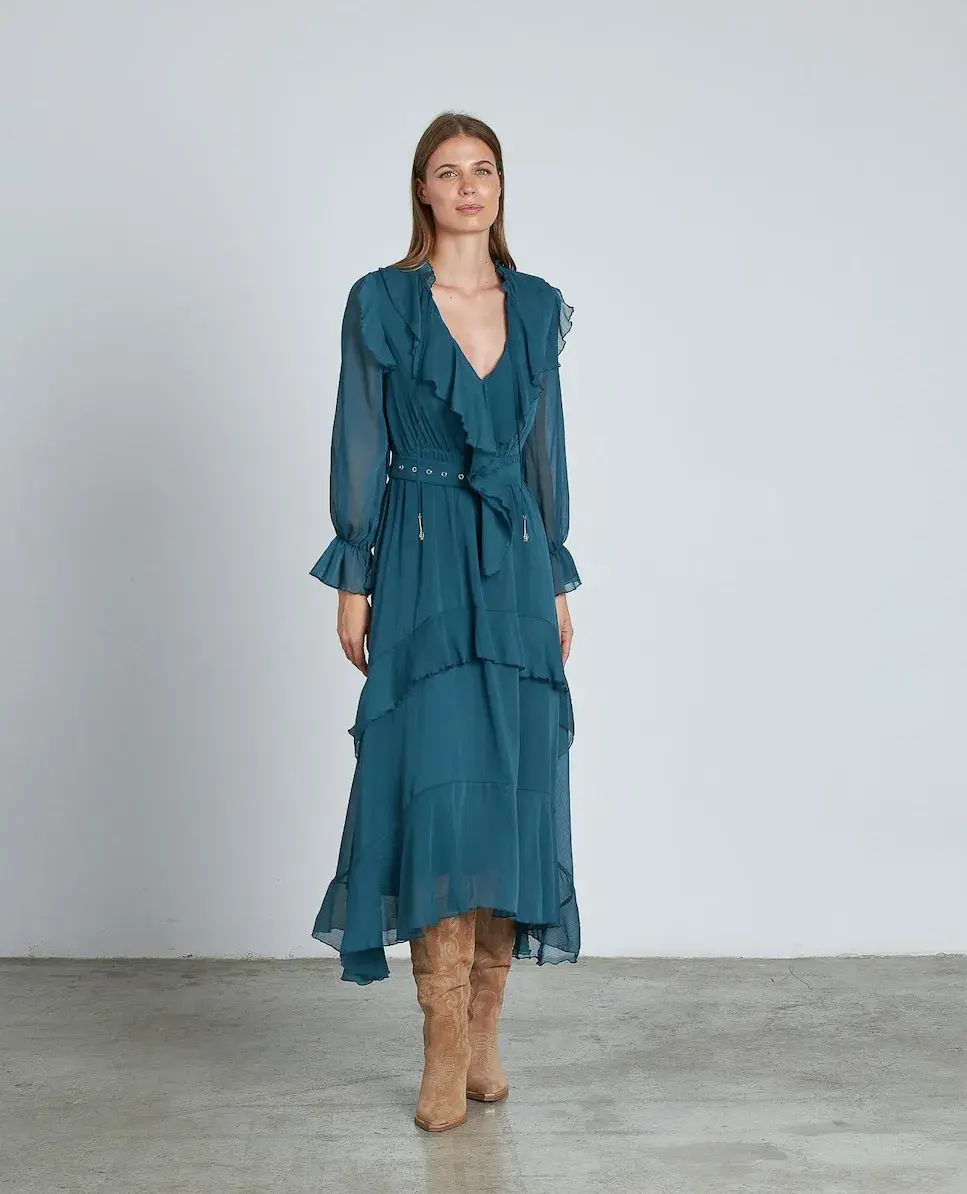 

Длинное платье с оборками и регулируемым поясом Alma en Pena, темно-синий