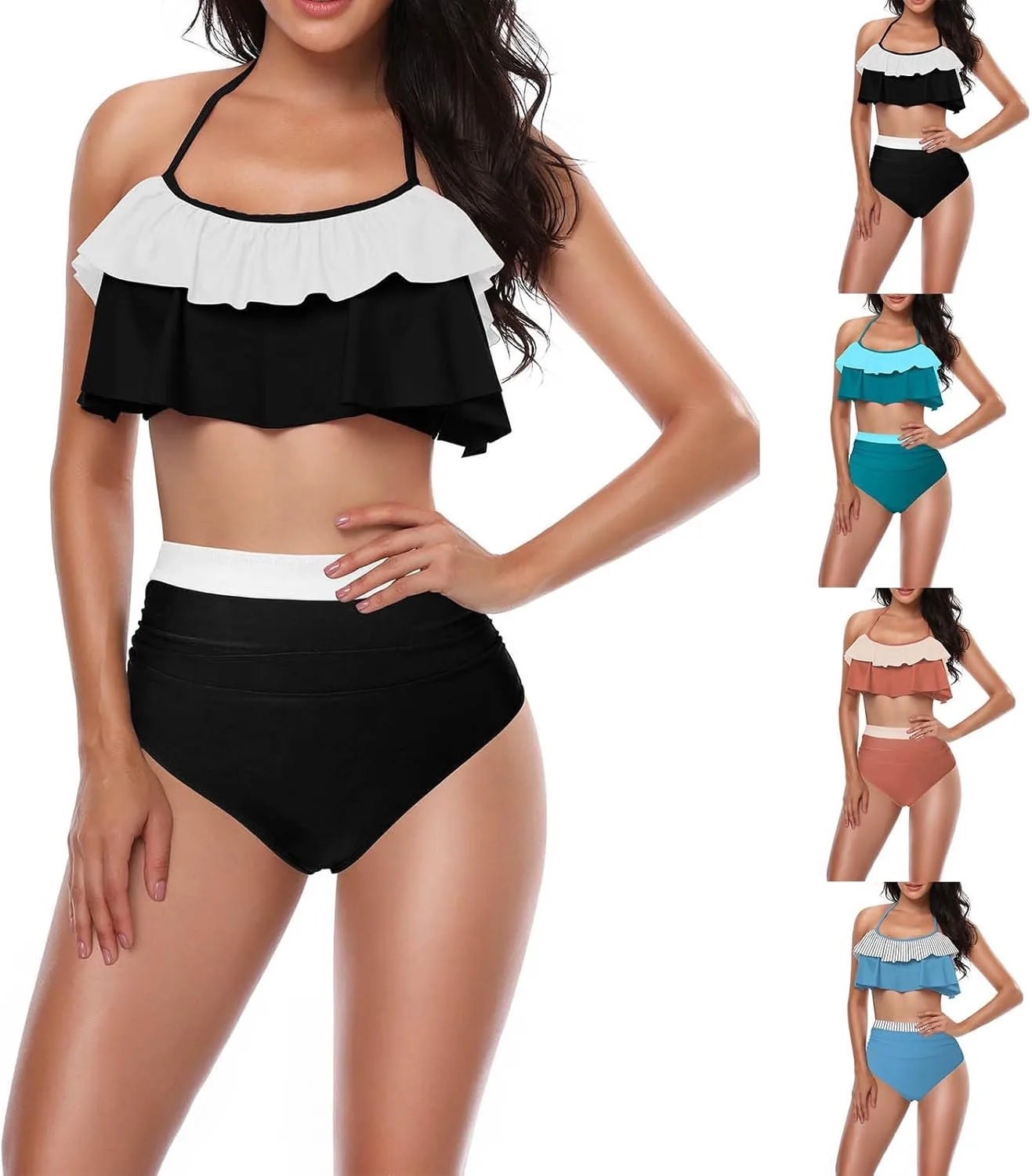 

Бикини Ruffle Ruched для женщин Color Block с завязками на шее и высокой талией