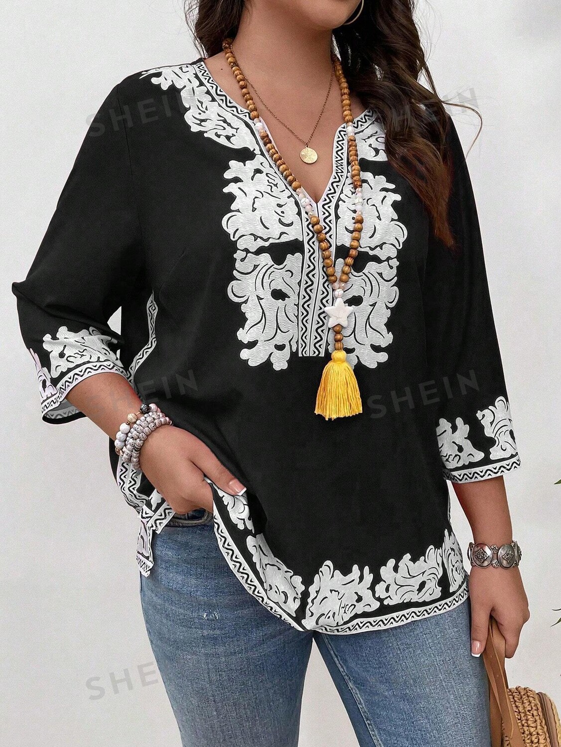 

LUNE Весенняя рубашка больших размеров с цветочным принтом, свободный повседневный воротник костюма Shein, черный