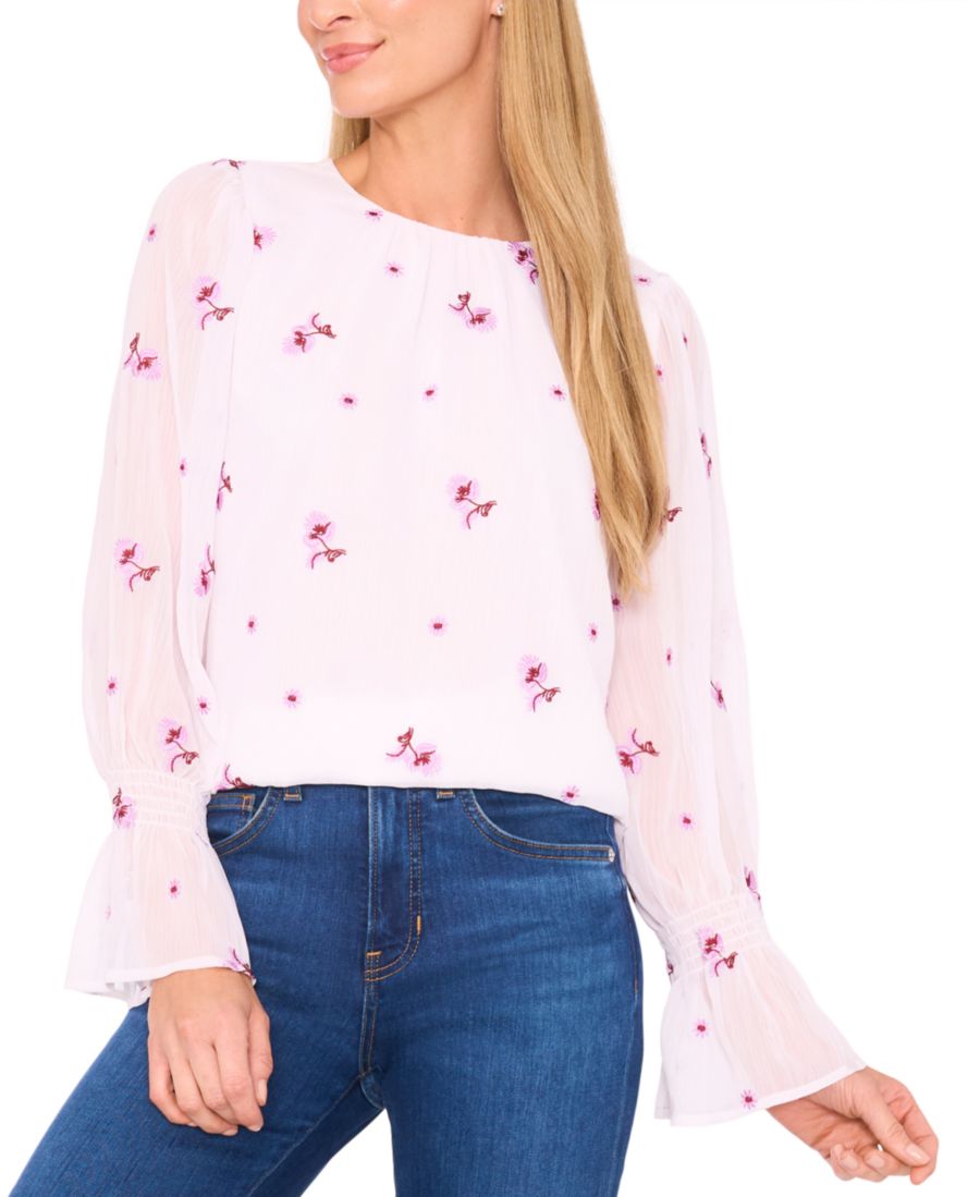 

Женская блузка с длинными рукавами, вышивкой и присборенными манжетами CeCe, New Ivory