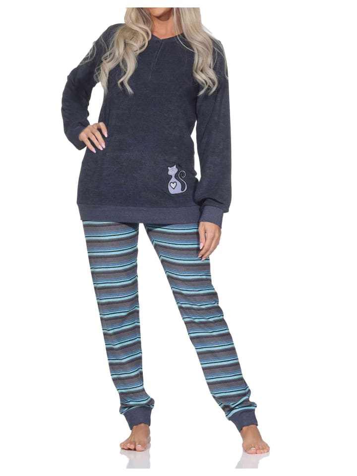 

NORMANN Пижама из махровой ткани, с длинными рукавами, манжетами и анималистическим рисунком, выполненная из ткани синего цвета