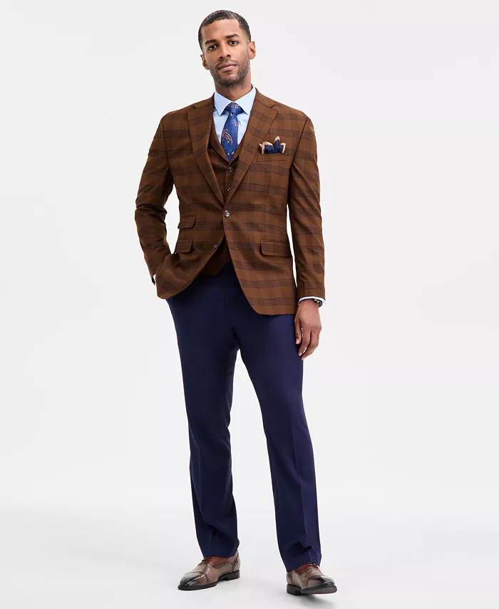 

Мужской классический пиджак и жилет в коричнево-синюю клетку Tayion Collection