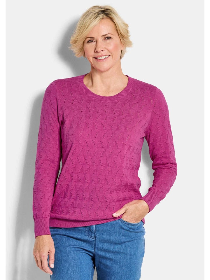 

GOLDNER Укороченный размер: Вязаный хлопковый свитер с зигзагообразным узором ягодного цвета