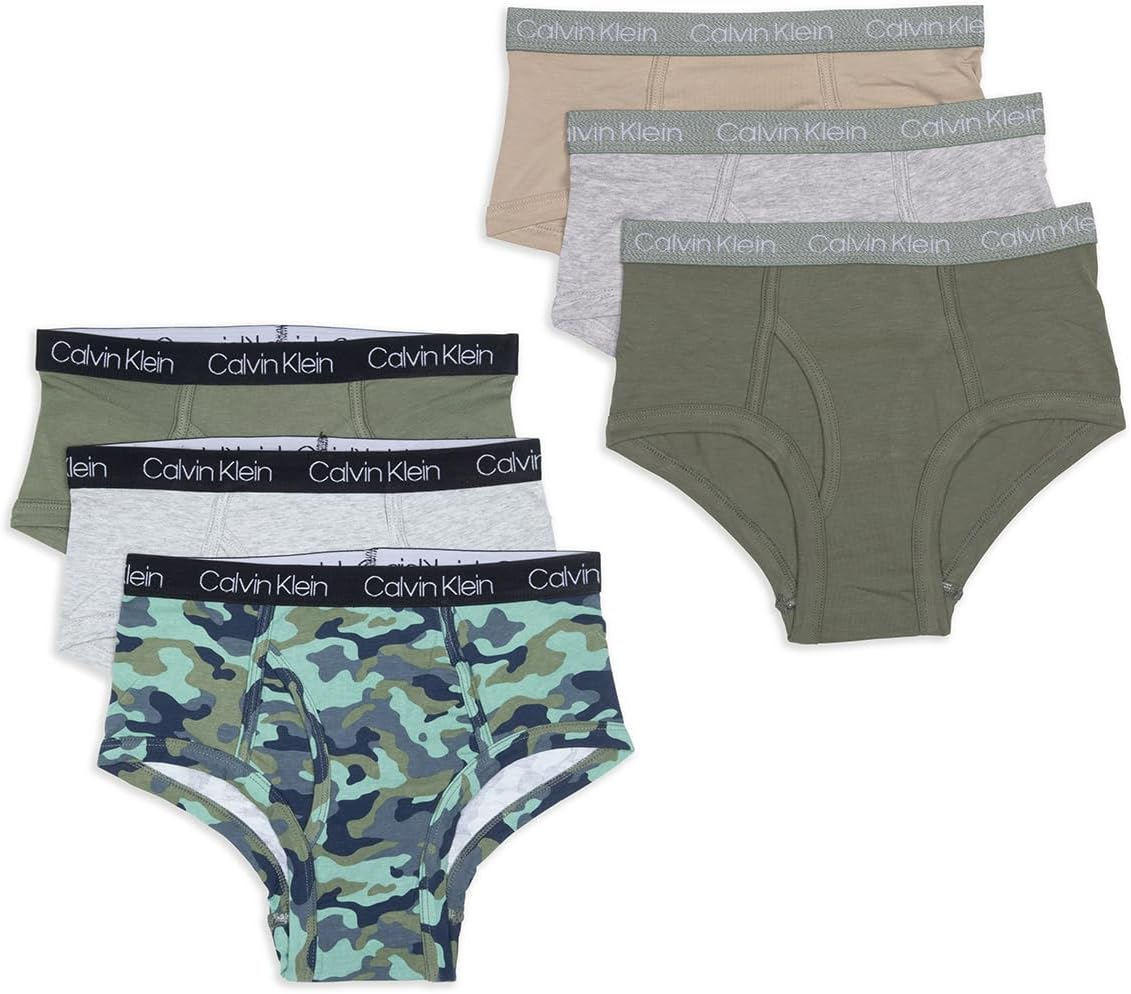 

Современные хлопковые трусы Calvin Klein для мальчиков, упаковка 6 шт., Olive/Heather Grey/Camo Print