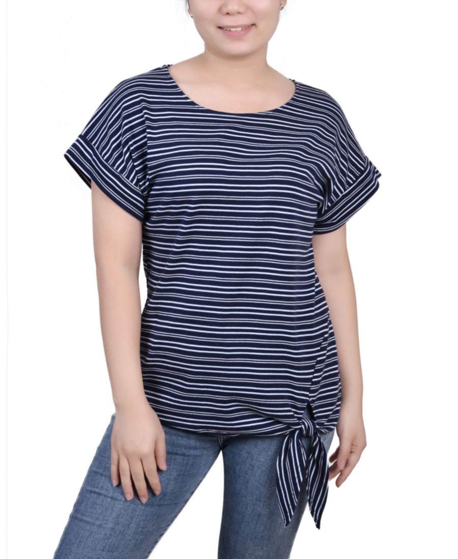 

Женская блузка с короткими рукавами и завязками спереди NY Collection, Navy Double Stripe