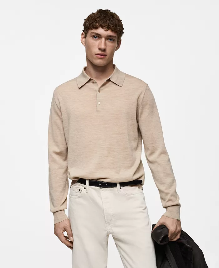 

Мужской тонковязаный поло-свитер из шерсти Slim-Fit MANGO, коричневый/бежевый