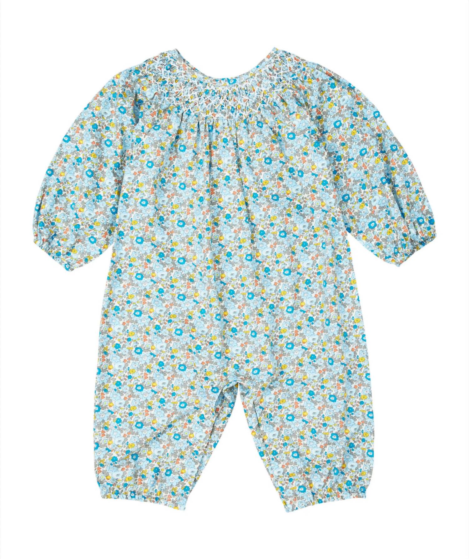 

Комбинезон для девочек с длинными рукавами Liberty Smocked в синем цвете Petit Confection