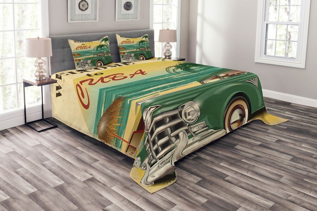 

Комплект тропического покрывала ABAKUHAUS, Cuba Beach Ocean Palm, комплект с моющимися наволочками, для односпальных кроватей 220 x 220 см, желтый