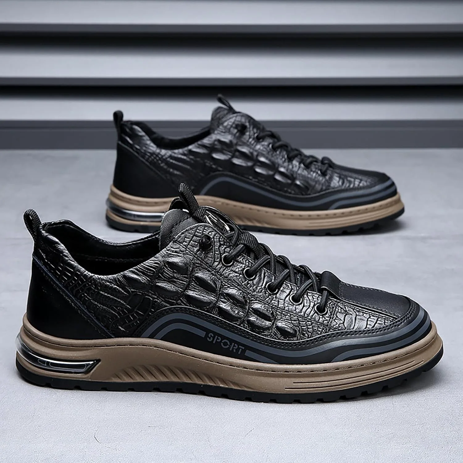 

Мужские кроссовки LVOMU на шнуровке, черные, из кожи с крокодиловым узором, на платформе, водонепроницаемые, противоскользящие