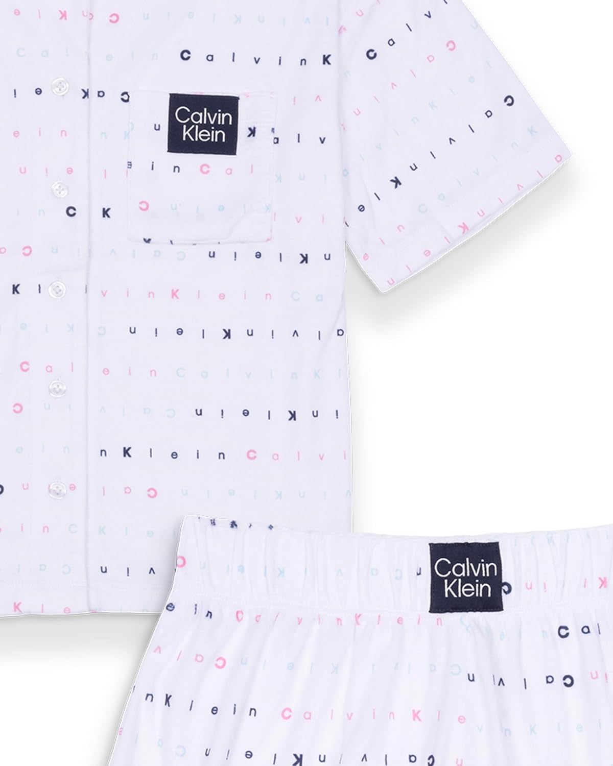 Пижамный комплект Calvin Klein для девочек: рубашка с короткими рукавами и шорты на пуговицах, White Ck Scramble — фото 2