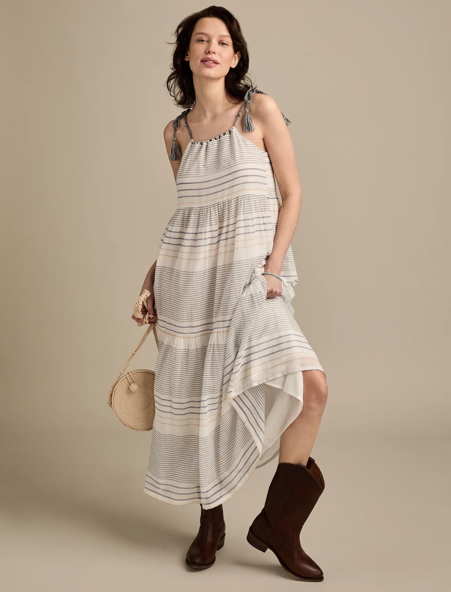 

Lucky Brand Женское полосатое многоярусное макси-платье, светло-голубой