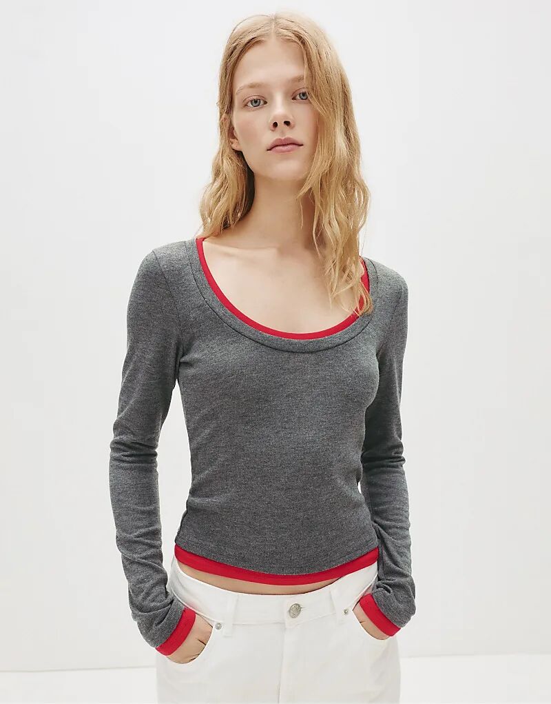 

Лонгслив Pull&Bear Double с длинным рукавом серого цвета