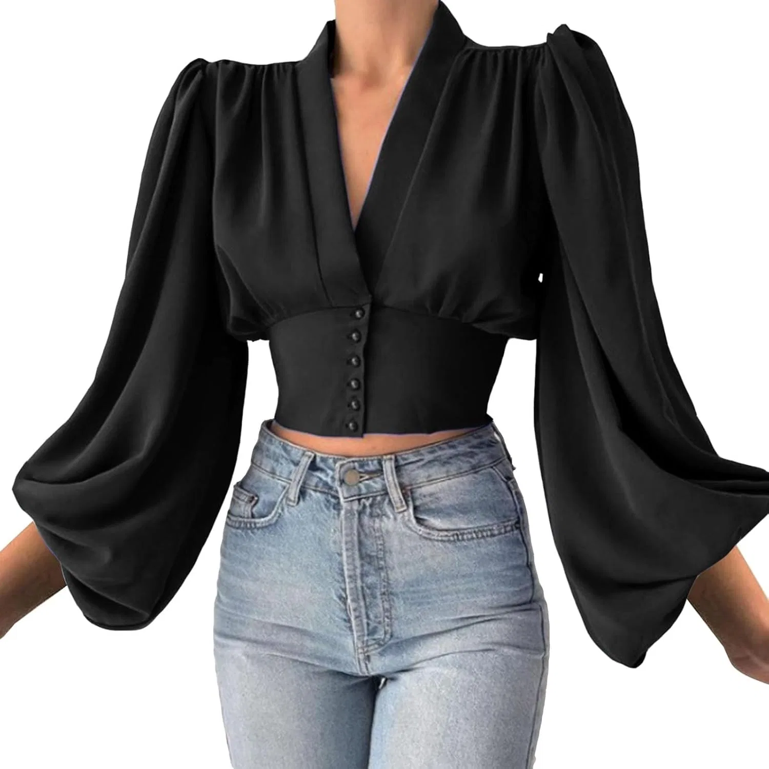 Блуза с V-образным вырезом и пуговицами Summer Casual Blouse, черный