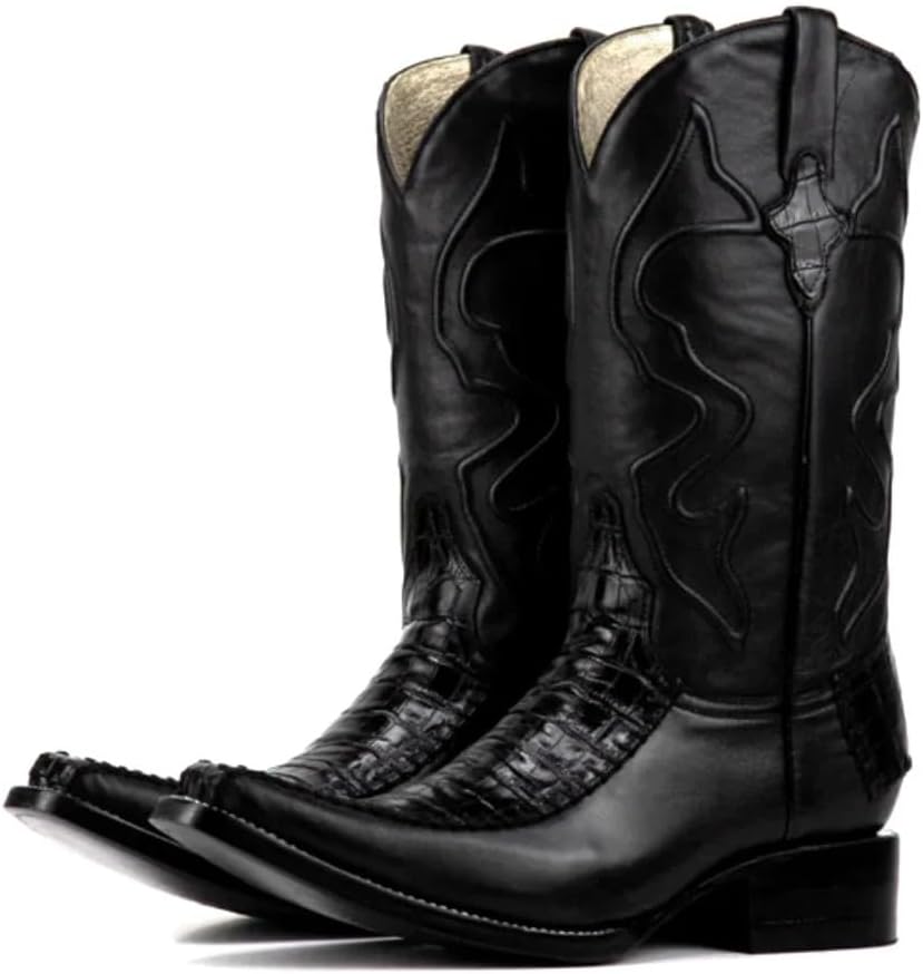 

Мужские ковбойские ботинки из натуральной кожи с тиснением под брюшко каимана и аллигатора - черные Generic