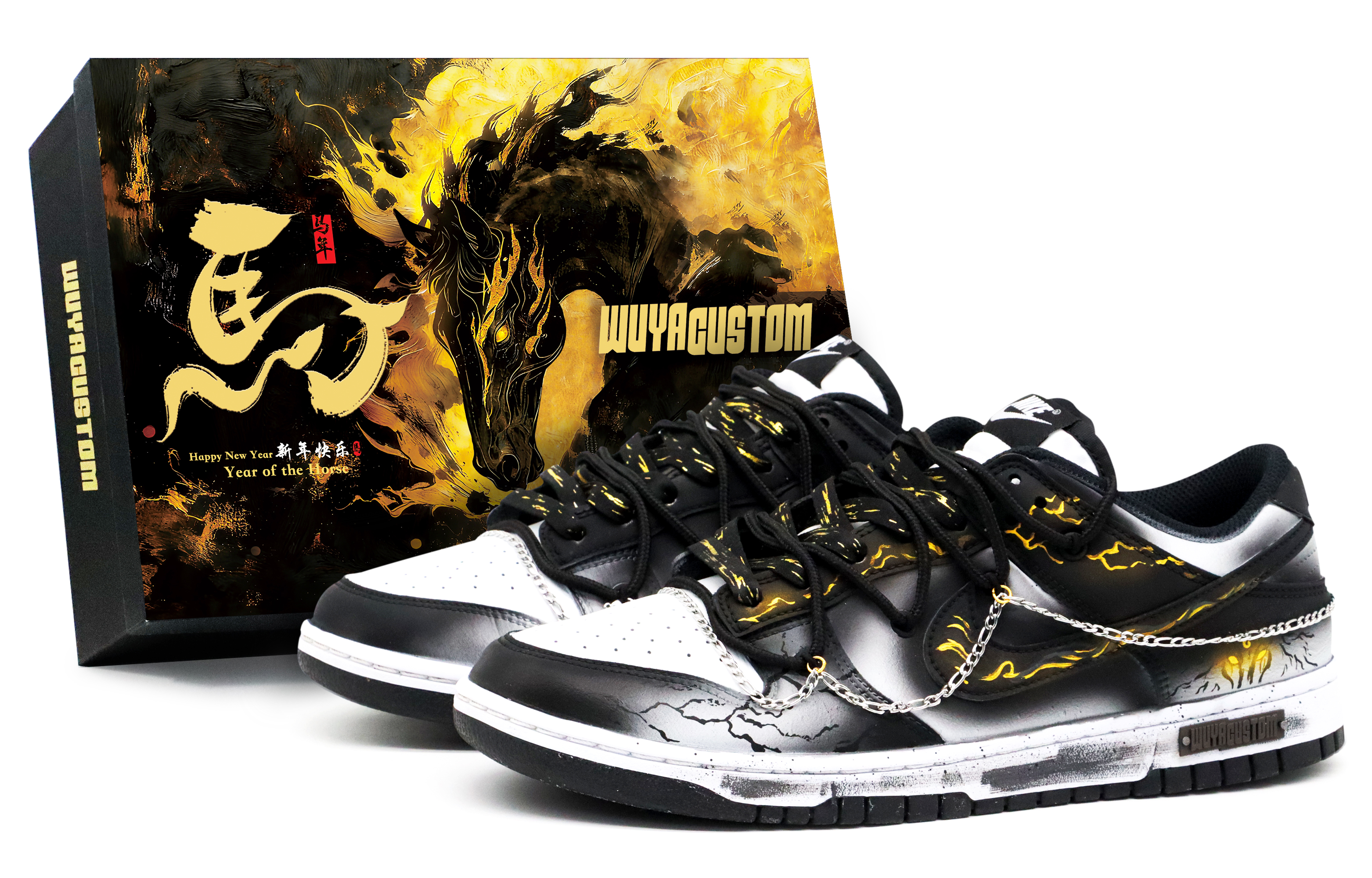 

Nike Кроссовки для скейтбординга Unisex Dunk CNY Год Лошади, изготовленные вручную, с амортизацией Horse Steps Gold Island, износостойкие