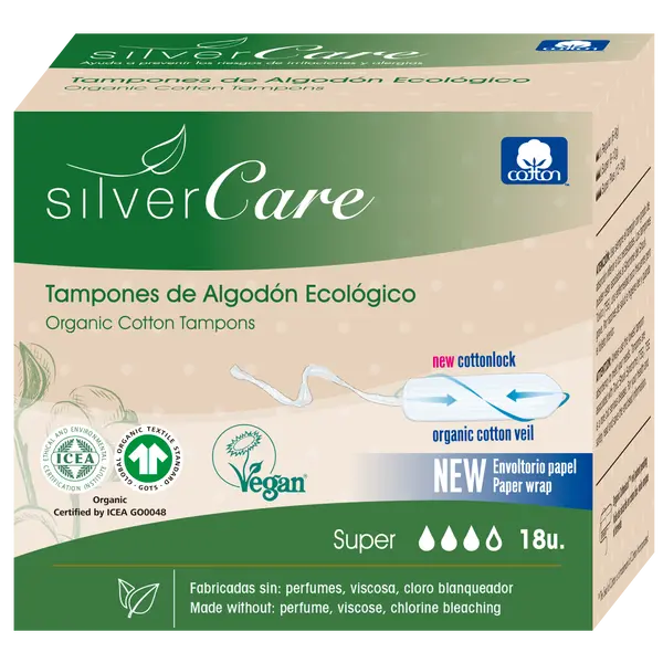 

Супергигиеничные ватные тампоны, 18 шт./1 упаковка. Silvercare Organic