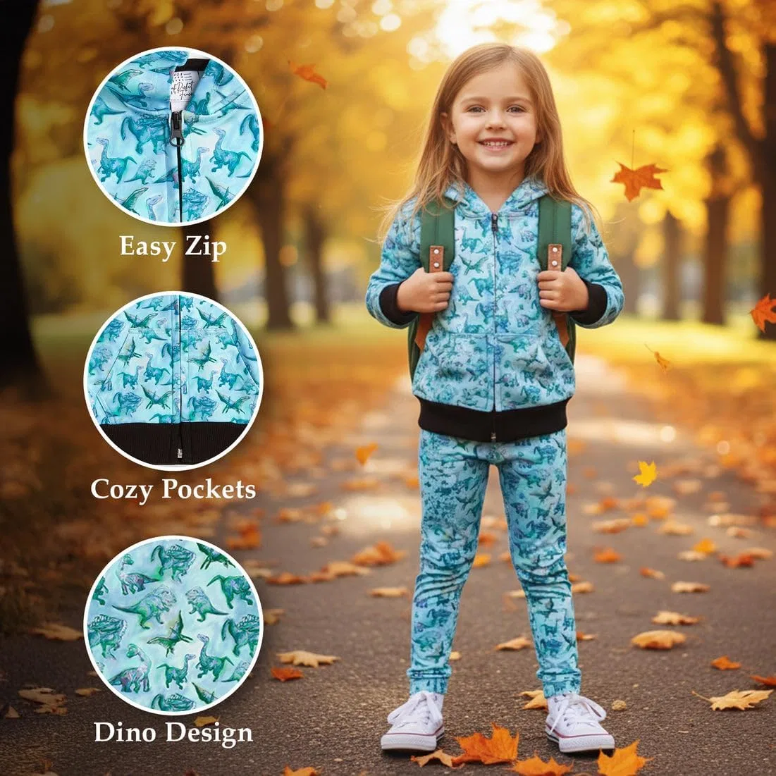 Детская кофта с капюшоном с динозаврами, The Pink Picket Fence, Blue — фото 4