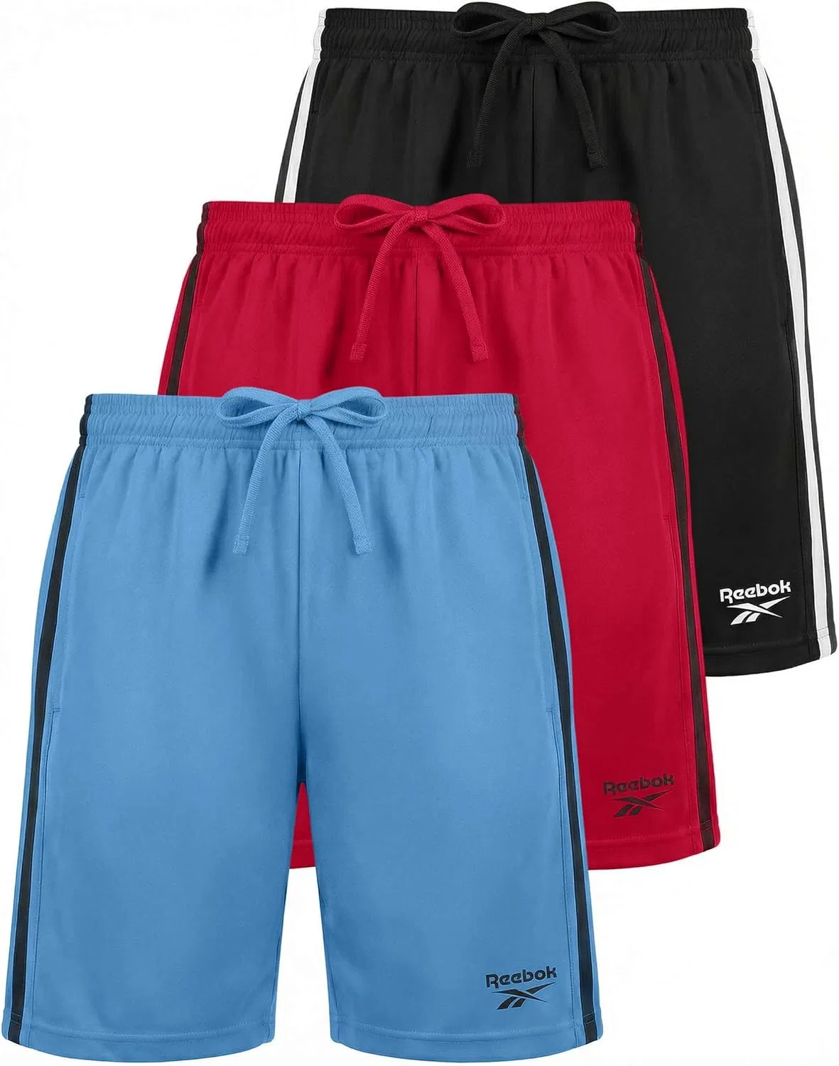 Шорты спортивные Dry Fit с боковыми лентами Reebok, набор 3 шт, Solid Black, Solid Ski Patrol, Solid All Aboard