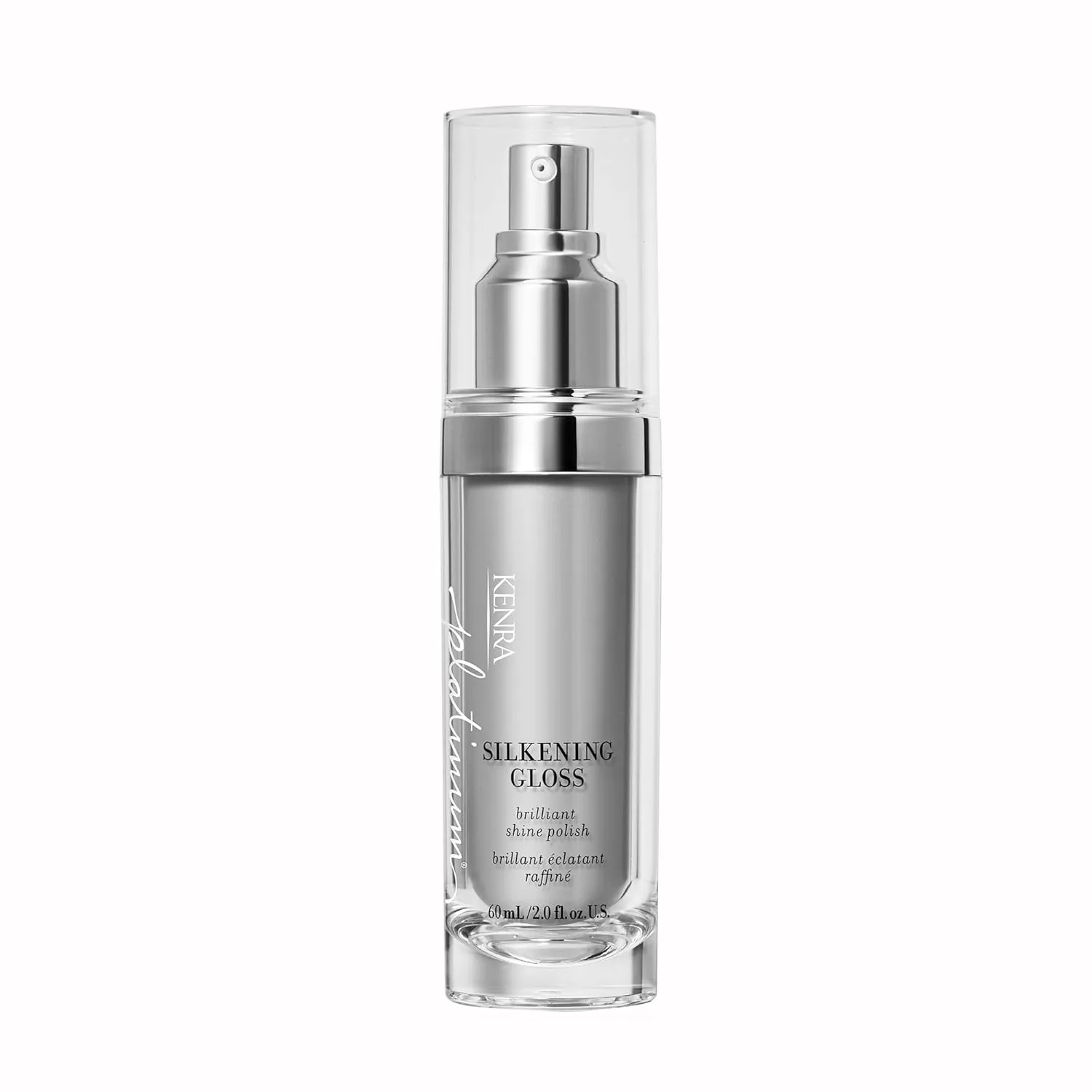 Kenra Platinum Silkening Gloss, лак для волос Brilliant Shine, укрощает пушистость и сглаживает непослушные волоски, легкая формула, защита от влажности, уход за сухими кончиками, для волос средней и жесткой структуры 59 мл