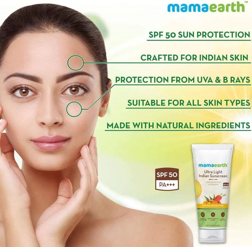 Солнцезащитный лосьон для лица SPF 50 PA+++ Mamaearth с куркумой и маслом моркови, 80 мл — фото 2