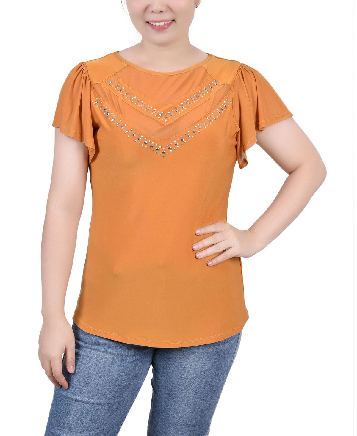 

Топ Petite с короткими развевающимися рукавами и заклепками NY Collection