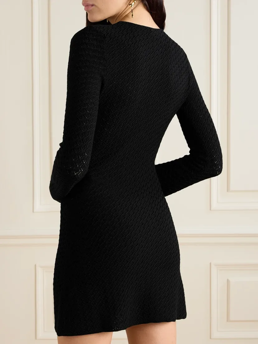 Мини-платье из смеси шерсти с ажурной вязкой SAINT LAURENT, черный — фото 3