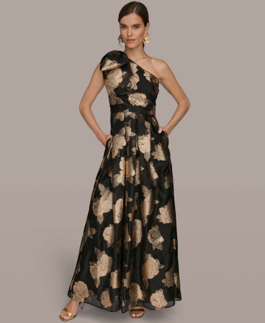

Женское бальное платье с одним открытым плечом и принтом Donna Karan New York, Black/Gold