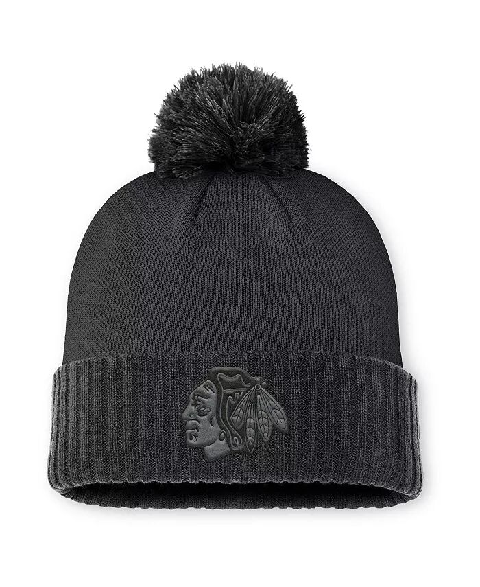 

Мужская черная шапка Chicago Blackhawks Authentic Pro Road с манжетами и помпоном Fanatics