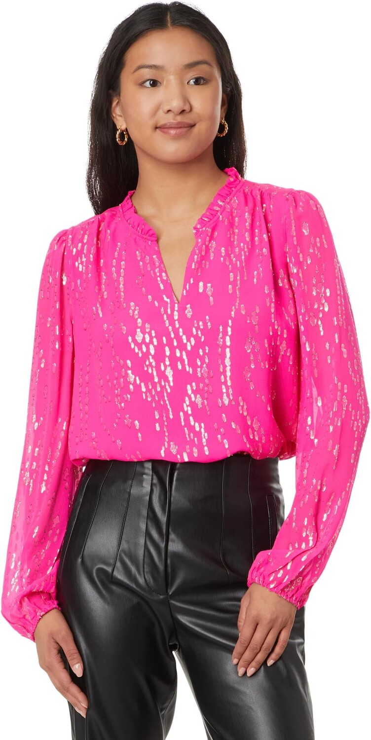 

Топ Lilly Pulitzer Giana Long Sleeve Silk To, цвет Pink Palms Fish Clip Chiffon