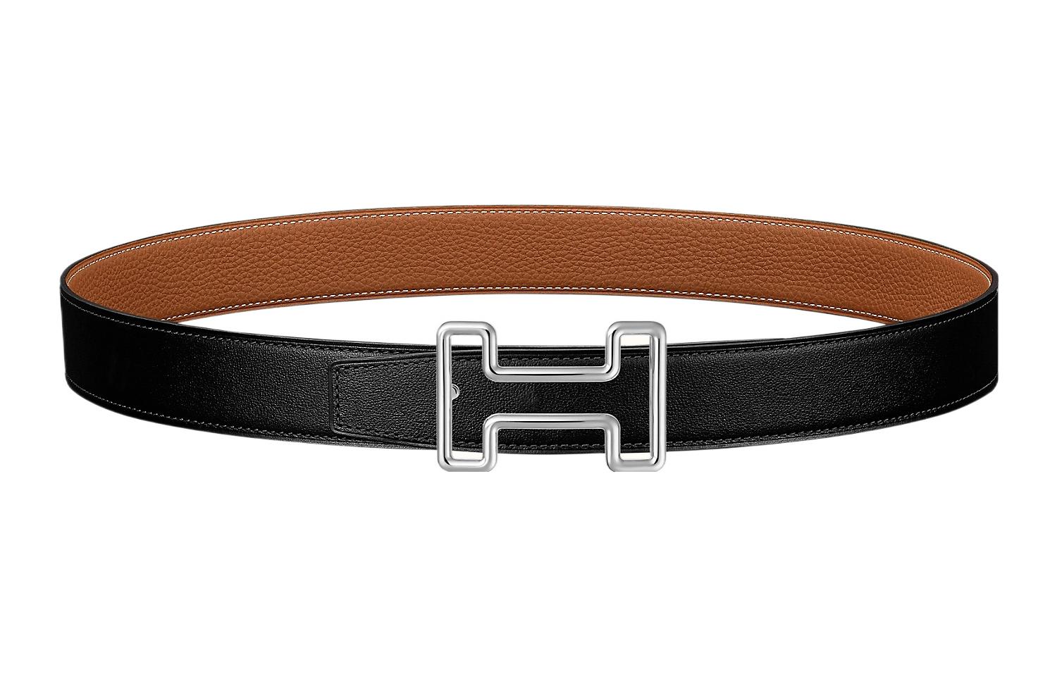 

HERMES Ремень Togo Comfortable Togo из телячьей кожи с серебряной пряжкой, двусторонний, черный/коричневый, мужской, ширина 3,2 см