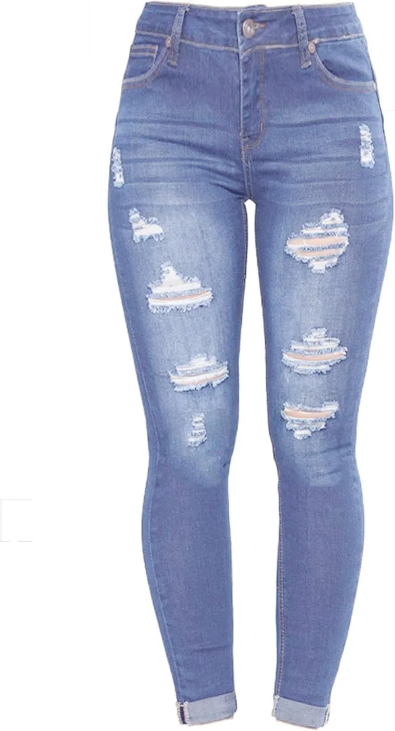 Andongnywell Skinny Distressed джинсы для женщин, High Waisted, Ripped, Stretchy