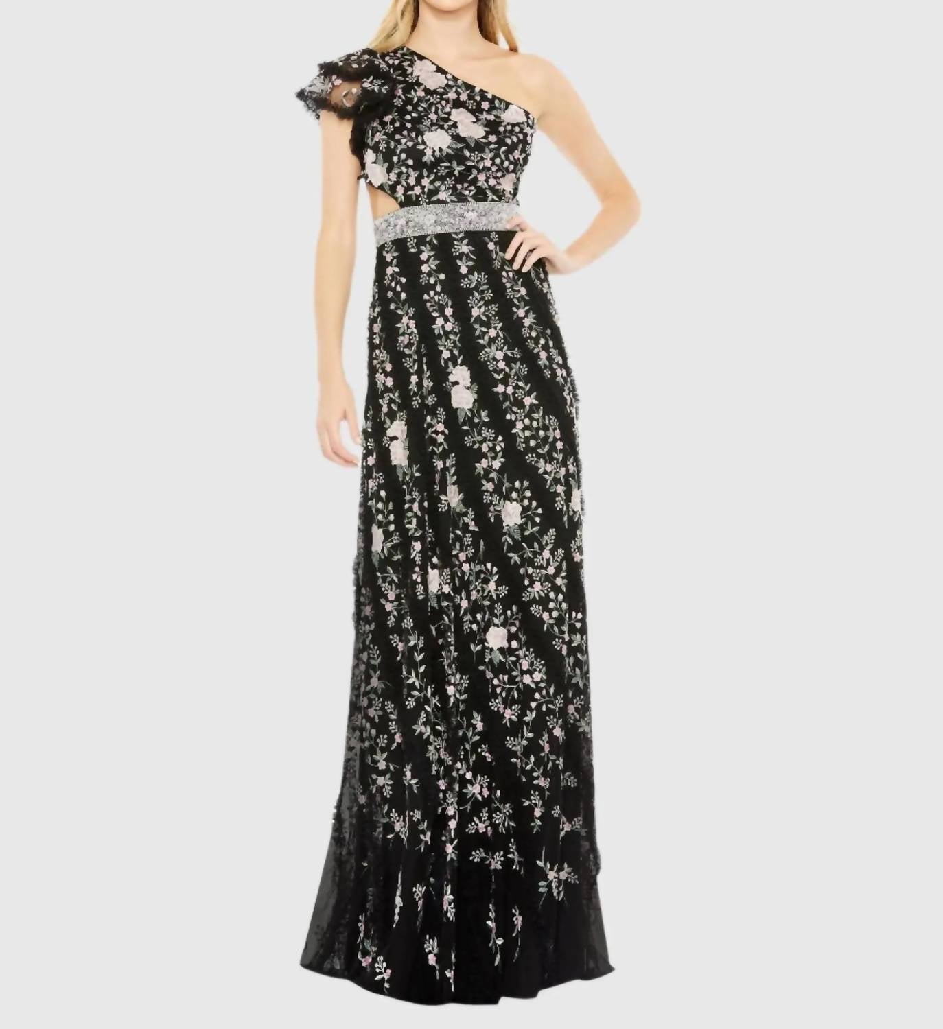 

Черное платье с вышивкой, рюшами и шнуровкой на одно плечо Mac Duggal