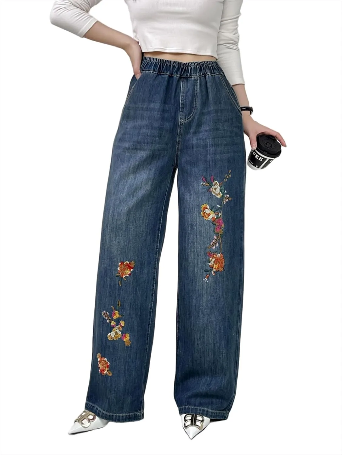 

Женские джинсы Mid Waist Straight Leg с вышивкой и эластичным поясом Tozamil