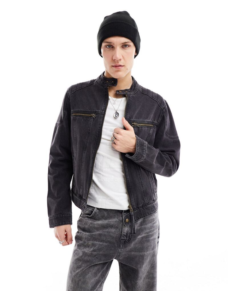 

Черная джинсовая куртка без воротника со вставками ASOS DESIGN