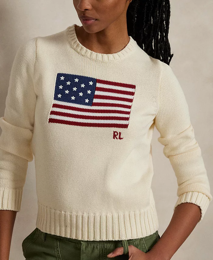 Женский хлопковый свитер с круглым вырезом Flag Polo Ralph Lauren, коричневый/бежевый — фото 4