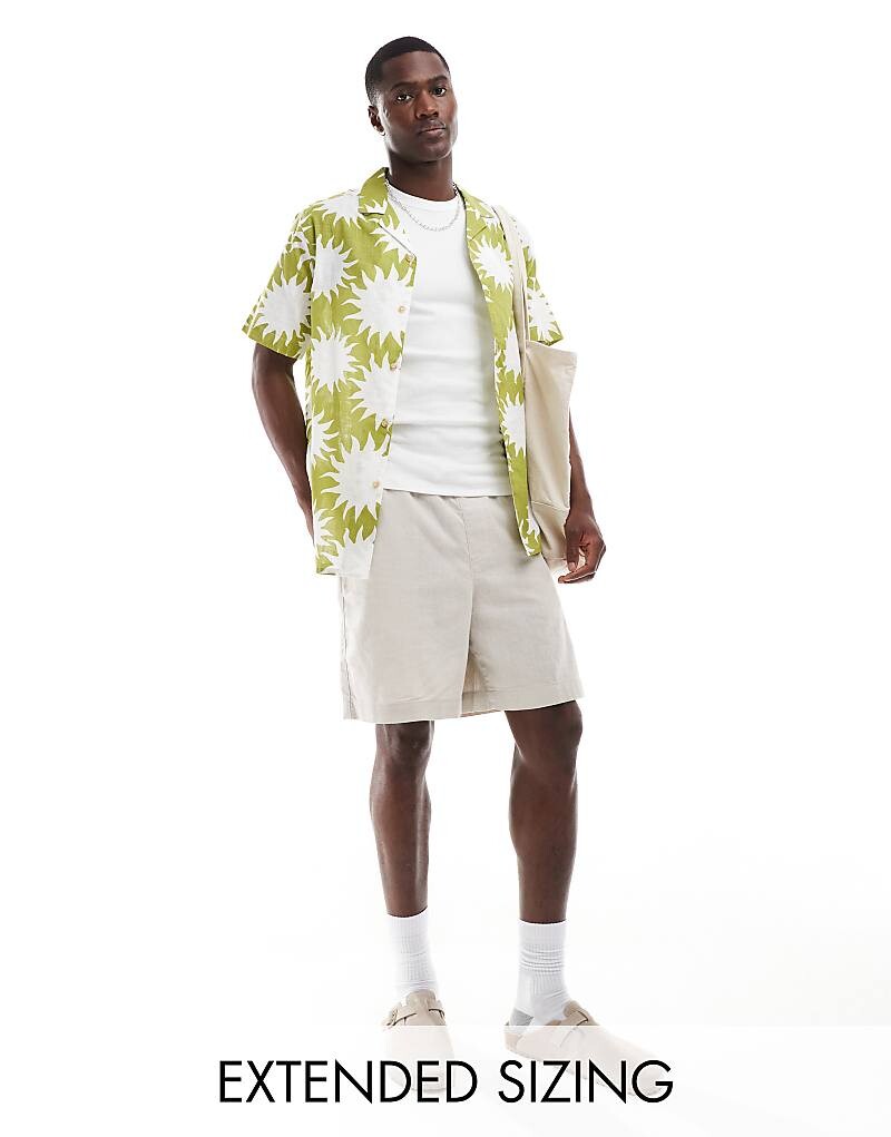 

ASOS DESIGN 2013 Зеленая рубашка свободного кроя с воротником-стойкой льняного оттенка с солнечным узором