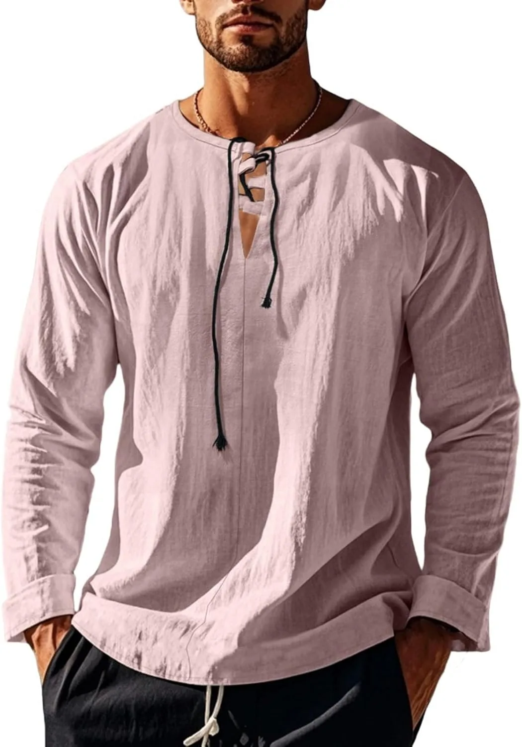 

Evzosrz Мужская хлопковая льняная футболка с длинным рукавом, свободный крой, шнуровка, V-образный вырез