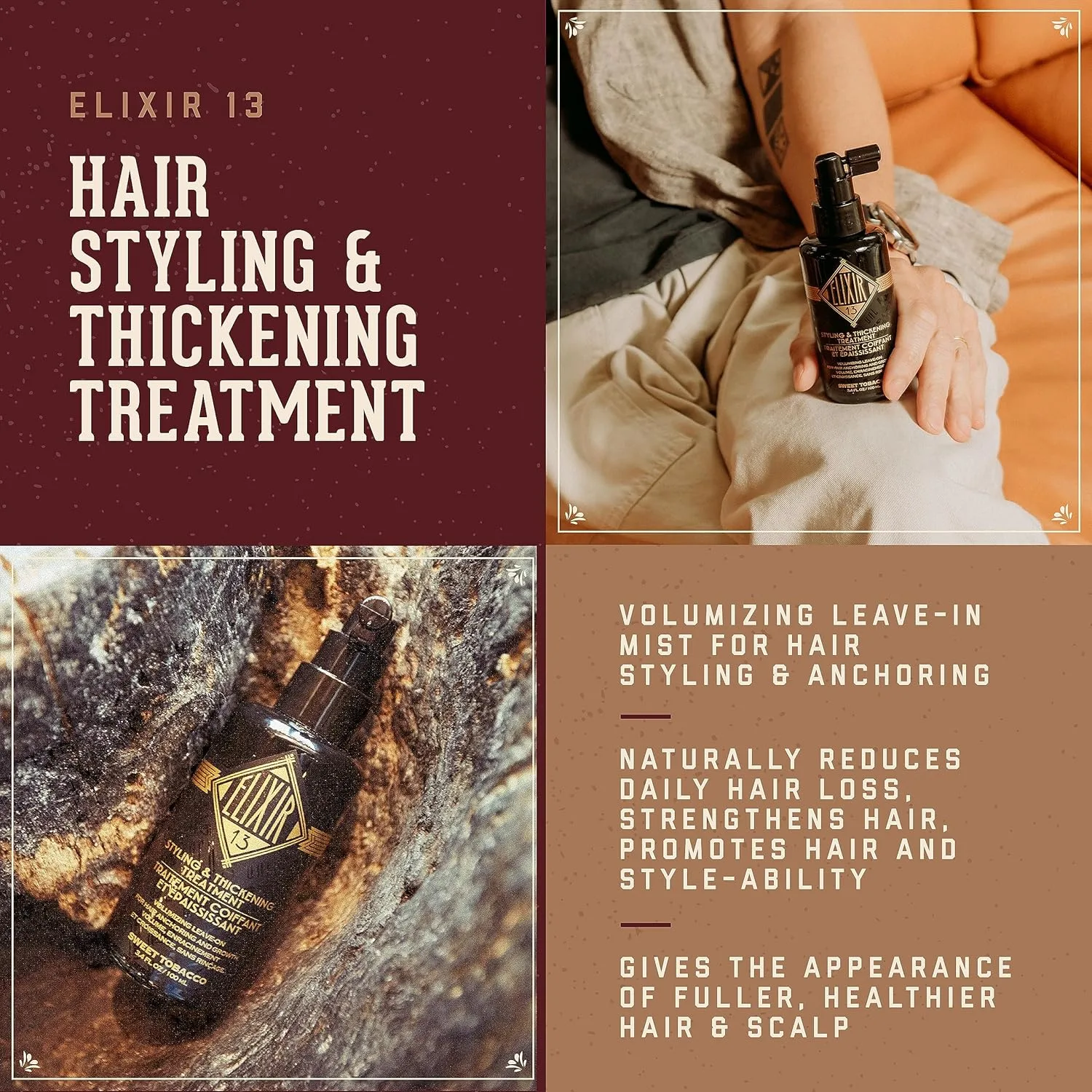 18.21 Man Made Elixir 13 Мужское средство для укладки и придания объема волосам, оригинальный сладкий табак, несмываемый кондиционер, 3,4 унции — фото 2