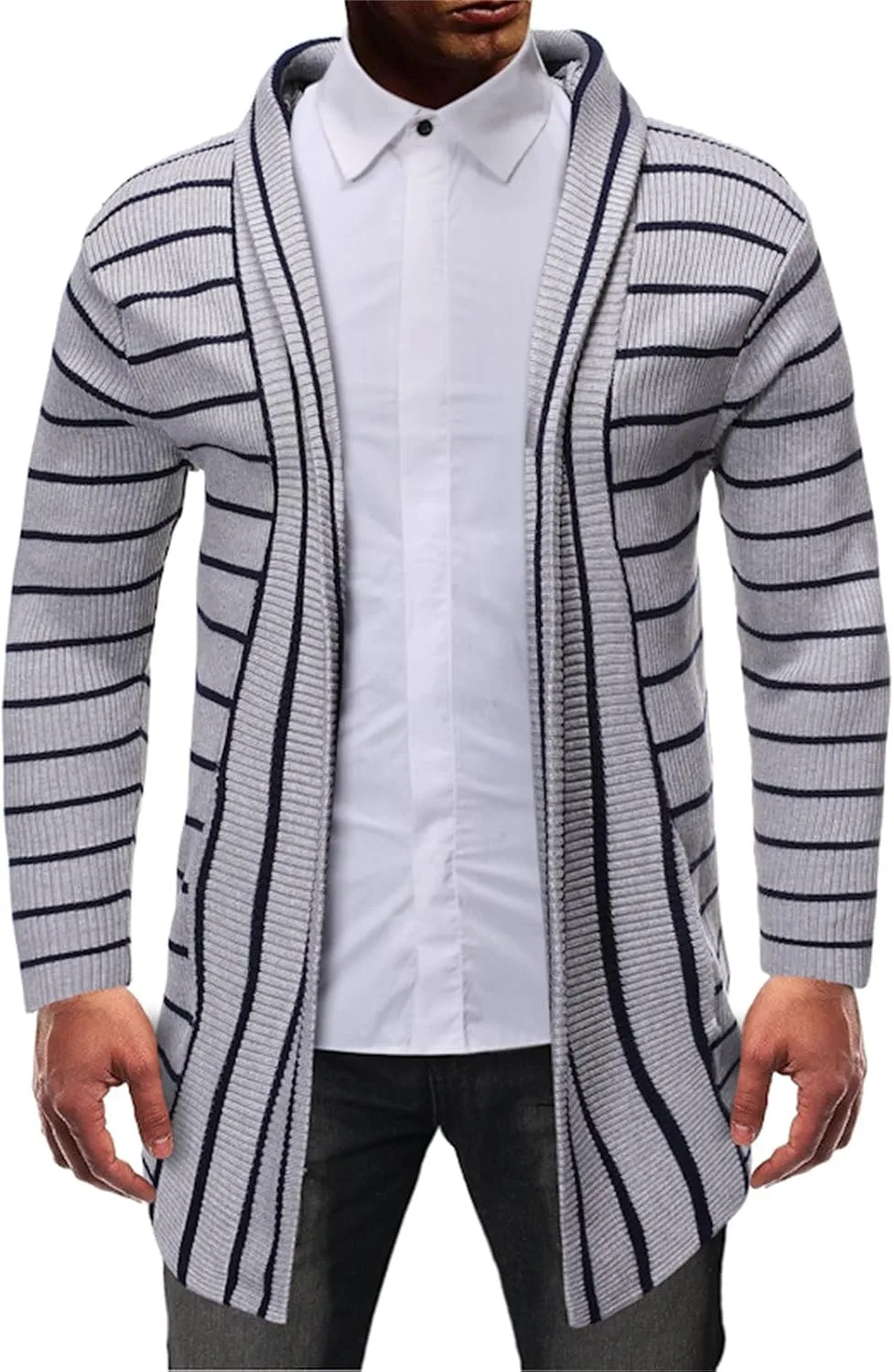 

Мужской кардиган с капюшоном и лацканами в полоску Kaxiya2021